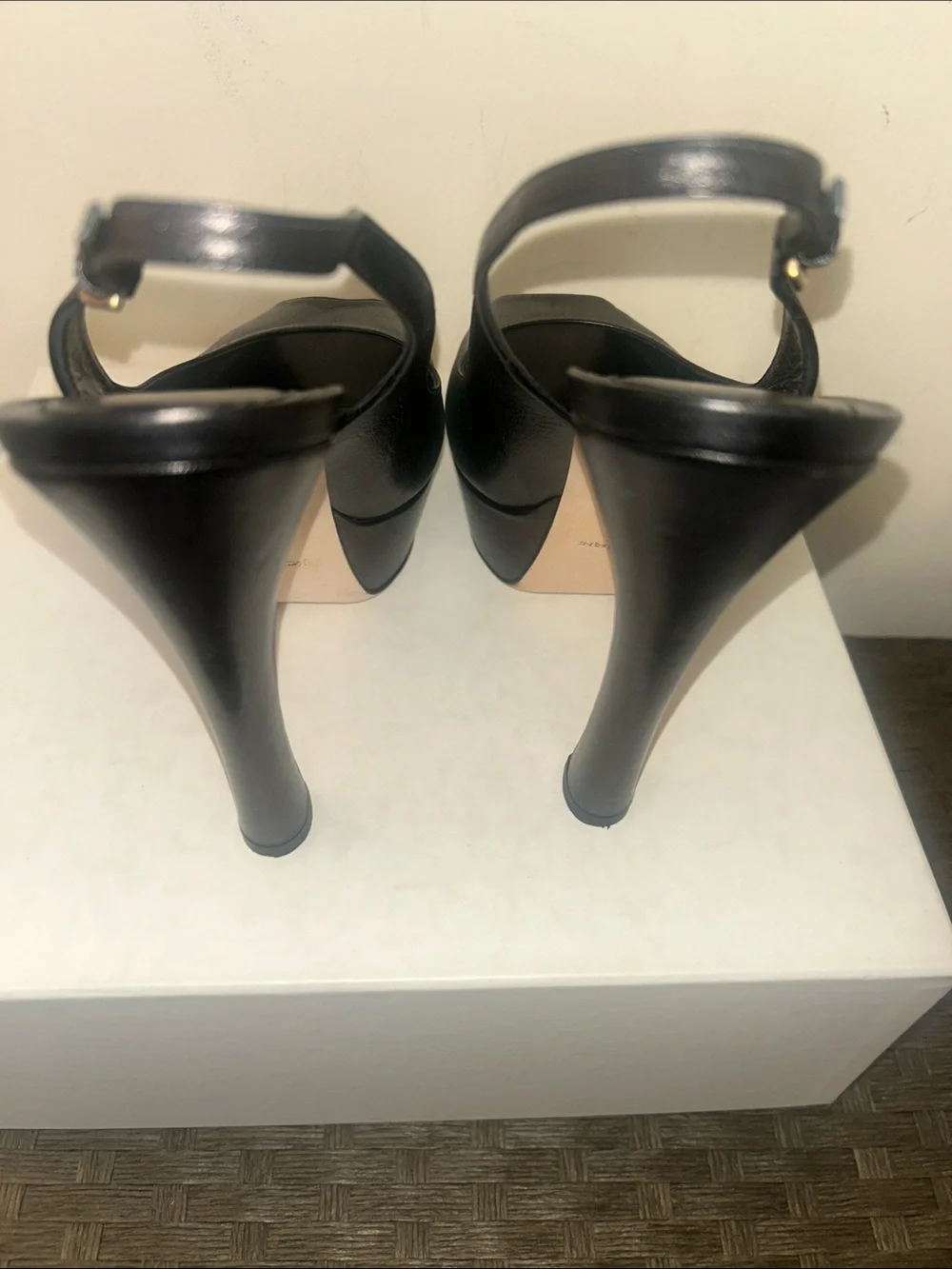 Saint Laurent Black Leather Peep-Toe Slingback Pumps with Gold YSL Logo - Picture 5 of 8